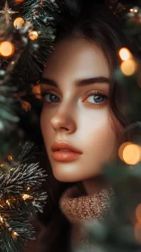 Woman framed by lit Christmas tree branches at close range