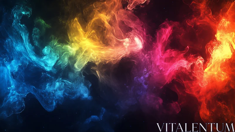 Multicolored gaseous forms across dark abstract field.