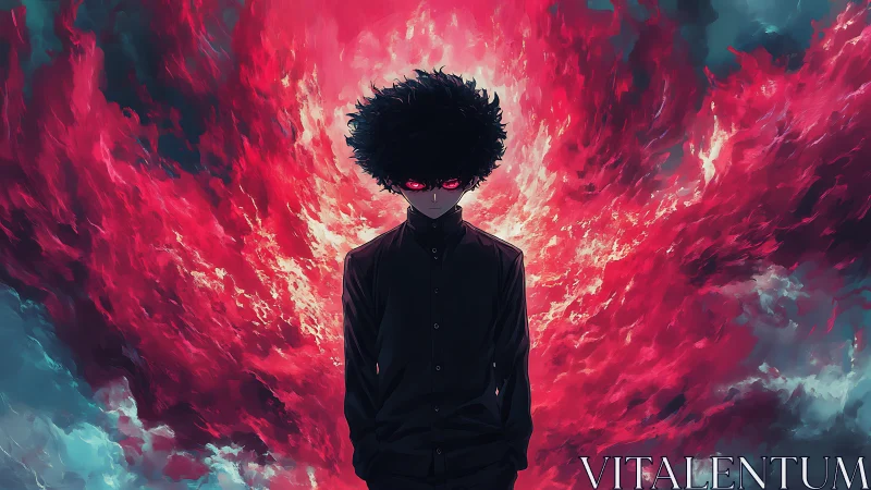 Storm-eyed teen standing calm inside a burning sky storm.