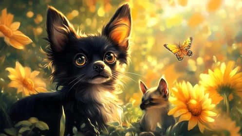 Sunlit chihuahua guardians listen closely to a drifting butterfly
