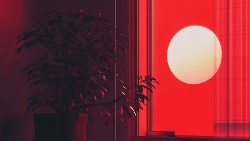 Potted plant silhouette aligns with circular sun through window