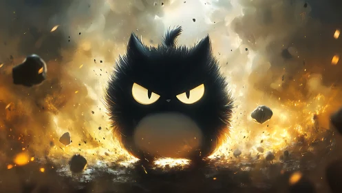 Digital painting of fierce chibi cat amid explosive glow.