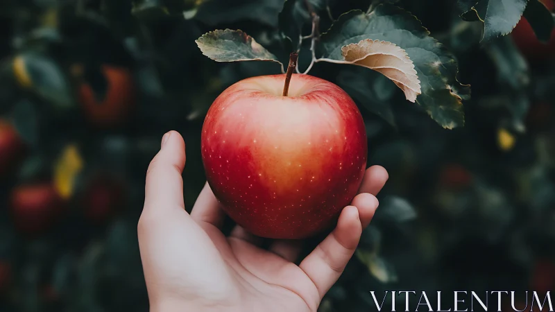 Hand holding red apple on tree branch in outdoor orchard.
