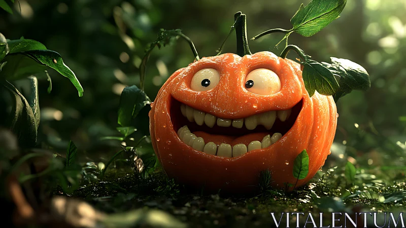 Hyperreal 3D smiling pumpkin character in dewy forest clearing