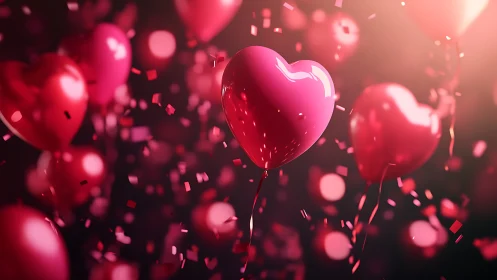 Pink Heart Balloons Dancing in Glowing Light