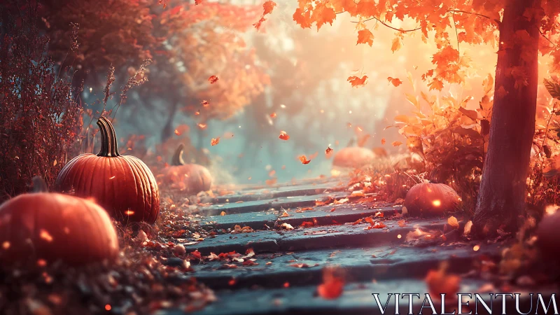 Digital painting of autumn path with pumpkins and bokeh light.