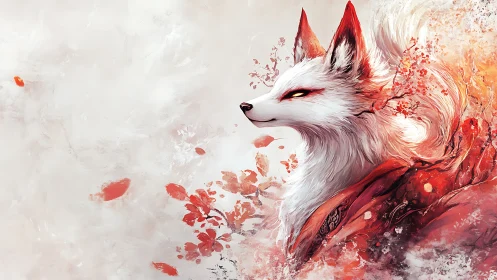 Kitsune spirit in crimson blossoms, ethereal side profile.