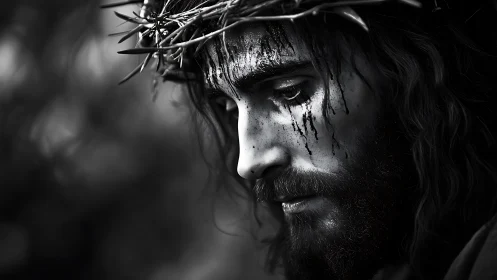 Crowned figure in monochrome sorrowful close-up portrait.