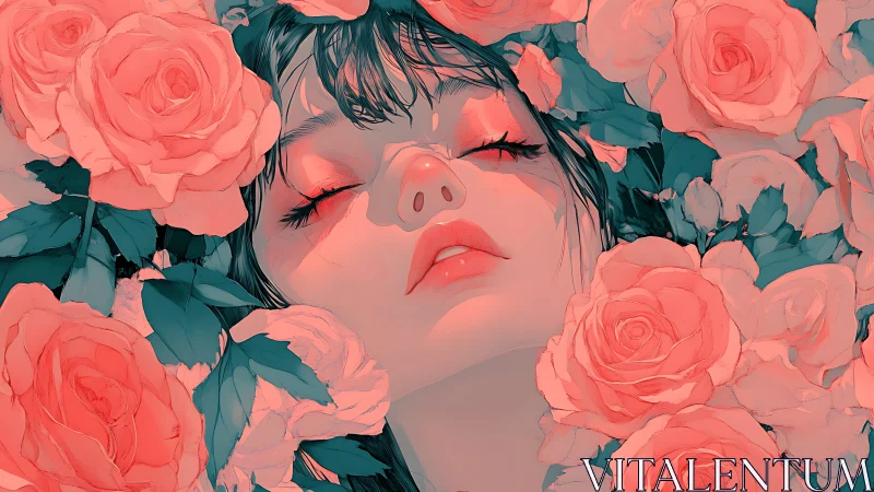 Serene female portrait surrounded by soft pink roses.