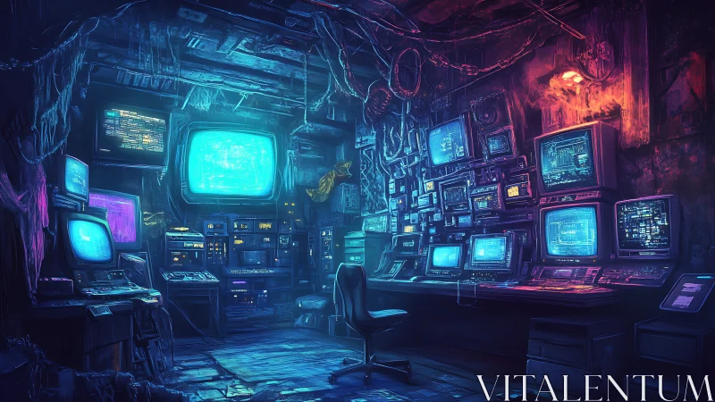 Cyberpunk hacker control room packed with vintage monitors