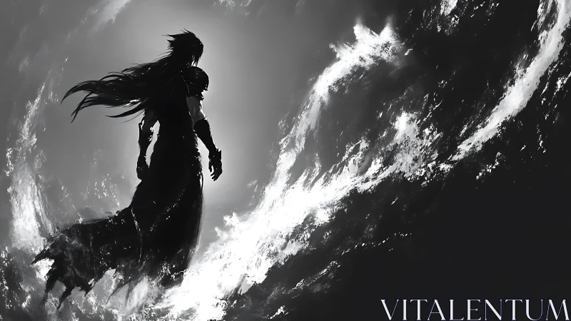 Storm-wreathed dark warrior strides within churning light.