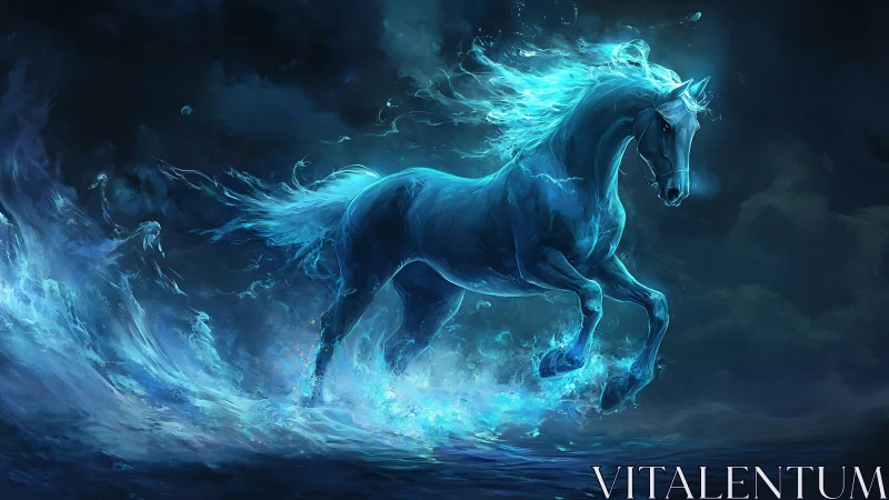 Ghostly blue spectral horse gallops through glowing water