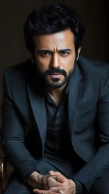 Intense bearded man in charcoal suit under moody light.