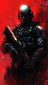 Concept art of tactical cyber-soldier in crimson field study.