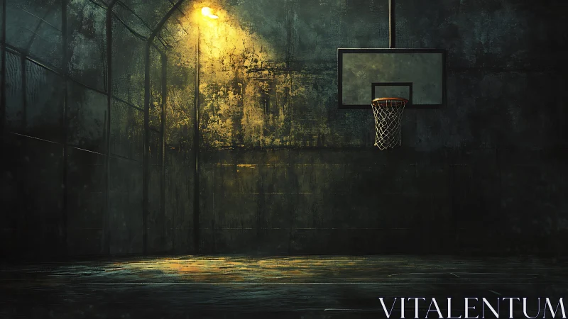 Midnight hoop under rusted light in a rain-washed cage court.