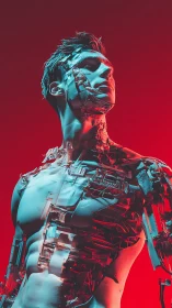 Shimmering cyborg figure gazes upward in glowing neon light