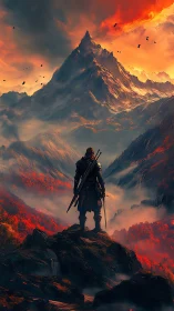 Lone wanderer gazing toward a blazing, mystical mountain peak.