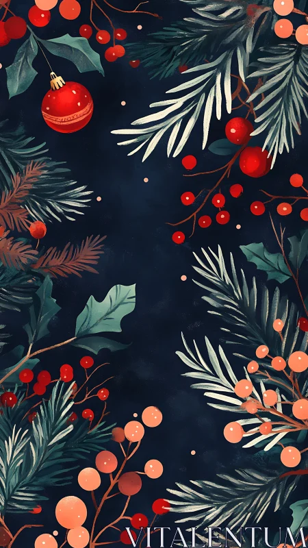 Cozy holiday greenery with bright berries and one red ornament.