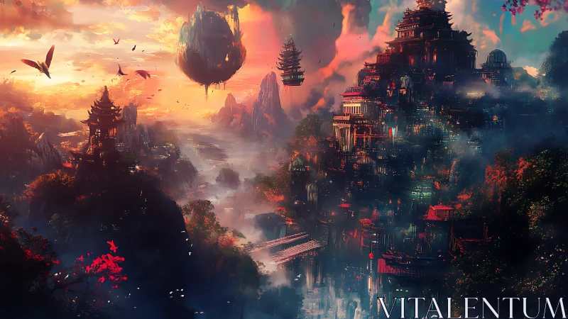 Suspended pagoda citadels in luminous misty valley at dusk