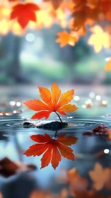 Red maple leaf on still water with soft autumn bokeh.
