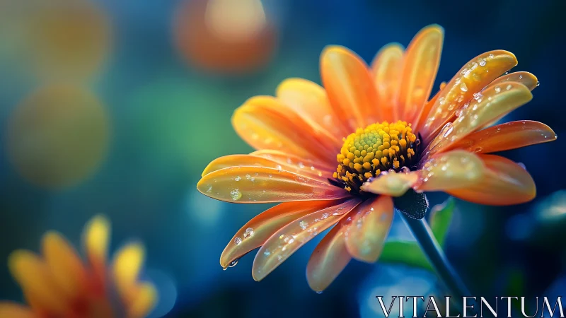 Orange Gerbera Daisy With Dew Drops.