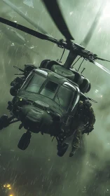 Military utility helicopter insertion in heavy night rain