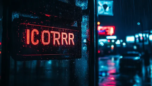 Neon rainspell sign humming over a wet midnight sidewalk.