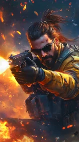 Tactical operator fires sidearm amid high-intensity ballistic explosion