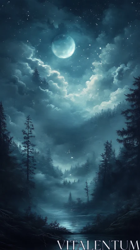 Moonlit conifer forest surrounds misty river at night