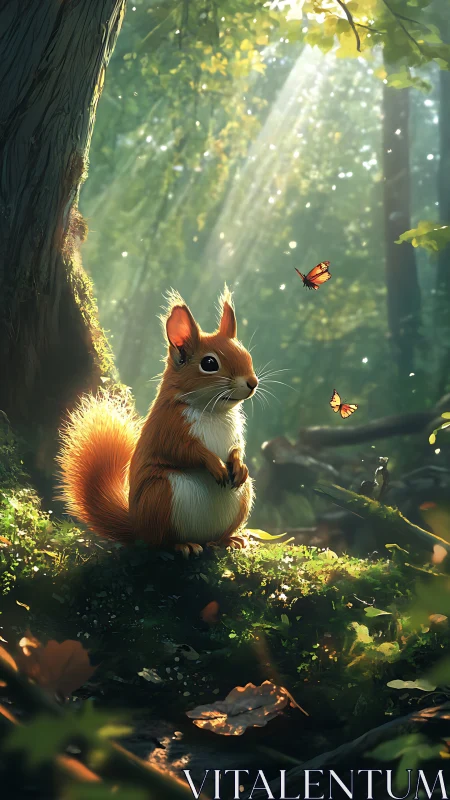 Gentle forest squirrel watching sunlight dance with butterflies.
