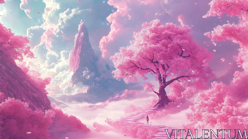 Solitary traveler walks dreamlike path through pink sky forest