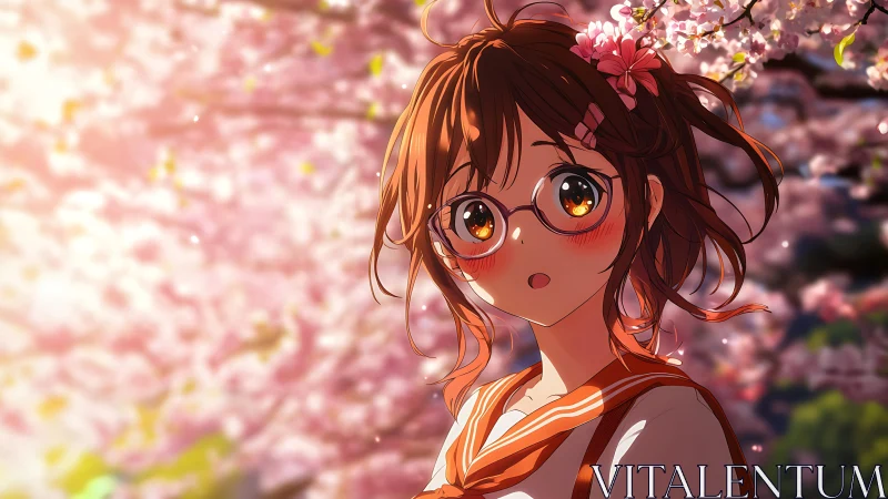 Anime girl under backlit cherry blossoms with strong bokeh depth