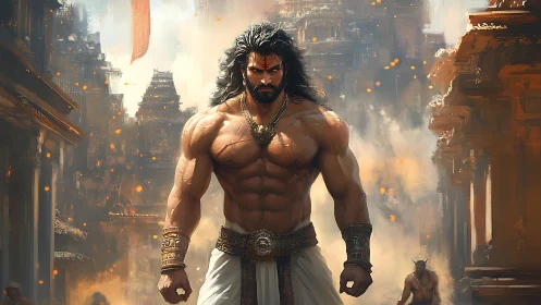 Warrior demigod strides through burning ancient citadel.