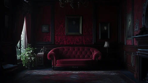 Moody red parlor with plush sofa and softly glowing light.