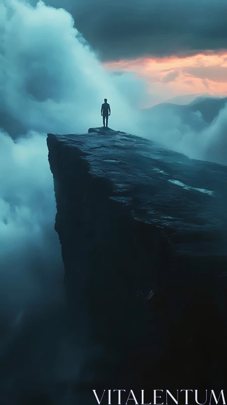 Solitary human silhouette on aerated cliff amid storm clouds.