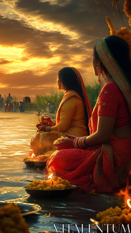 Sunrise river prayers in glowing saris and gentle light.