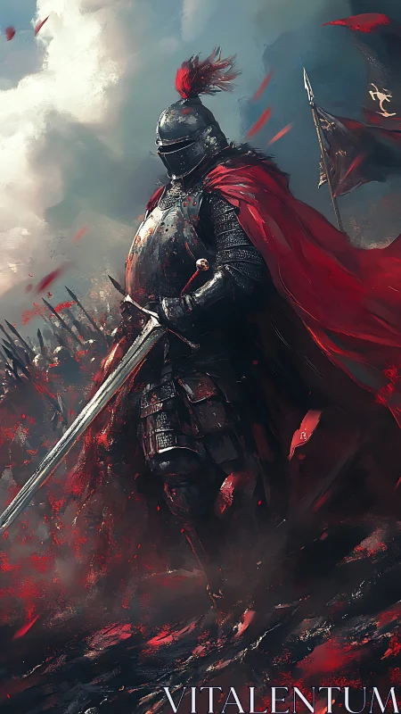 Armored warlord in crimson cloak on smoldering battlefield.