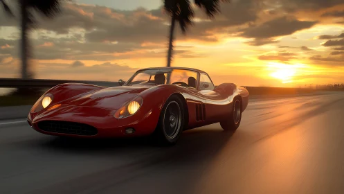 Scarlet vintage roadster racing into a glowing sunset horizon.