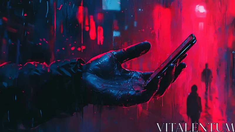 Cyberpunk hand-held device in neon-saturated rainscape digital painting.
