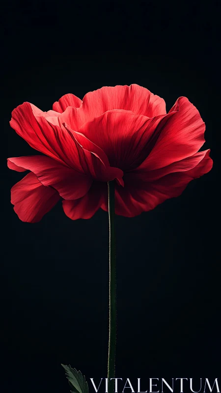 Red peony against black background with visible stem.
