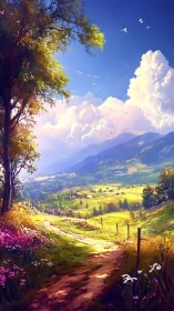 Sunlit country path curves through vibrant valley landscape