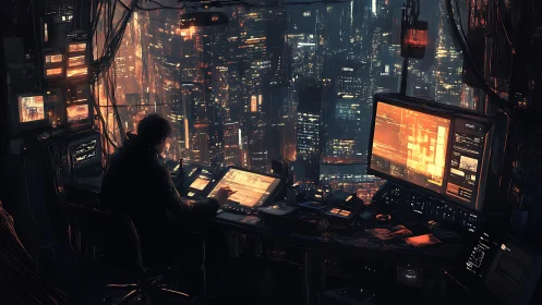 Lone hacker monitors neon cityscape from cluttered control room