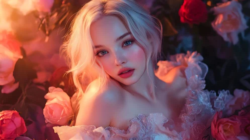Blonde ethereal beauty framed by glowing garden roses.