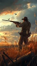 Backlit hunter aims shotgun across dusk grassland horizon