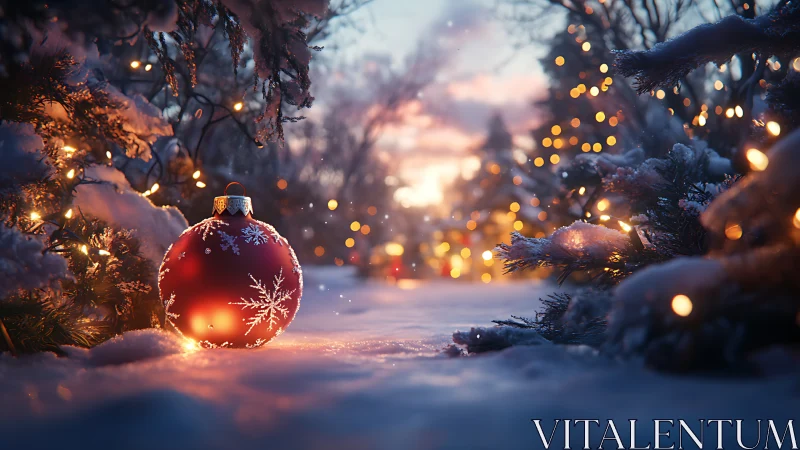 Snowlit red ornament anchors a shallow-depth winter scene