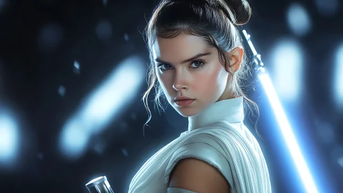 Young space warrior poised with glowing blade of light.