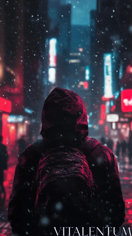 Hooded drifter soaking neon snow in electric night city.