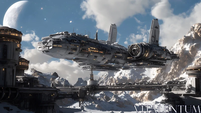 Orbital cargo vessel over snowy industrial outpost.