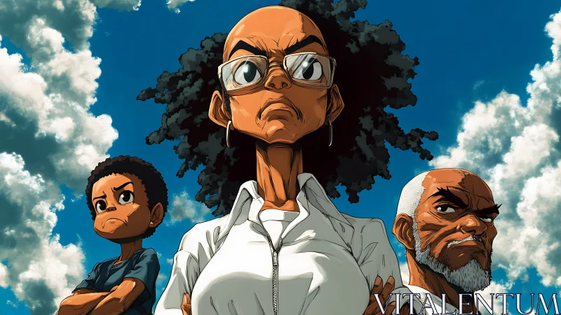 Tri-generational characters confront viewer with heroic low-angle framing