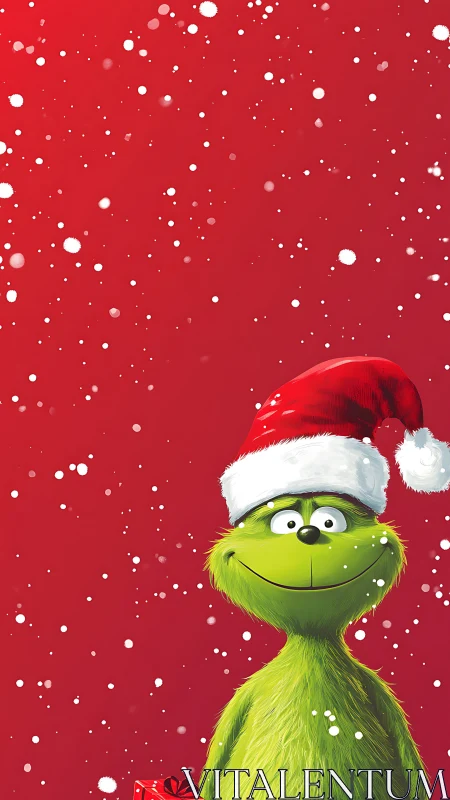 Green furry character in Santa hat smiles against snowy red field